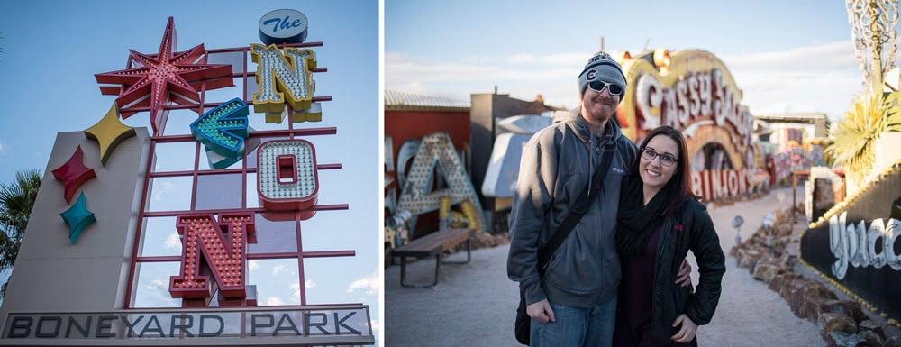 Neon Museum in Las Vegas and Brooke and Buddy posing in the Neon Sign Graveyard