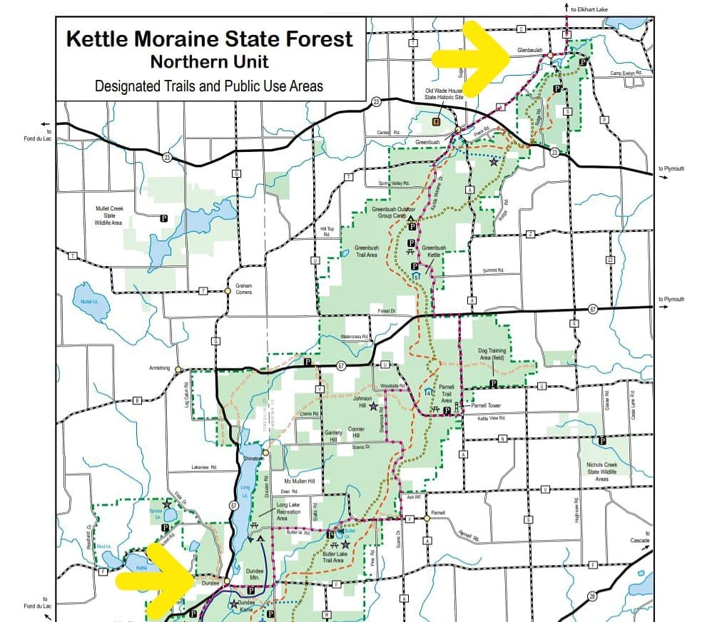Map of Ice Age Trail and hiking Kettle Moraine State Forest