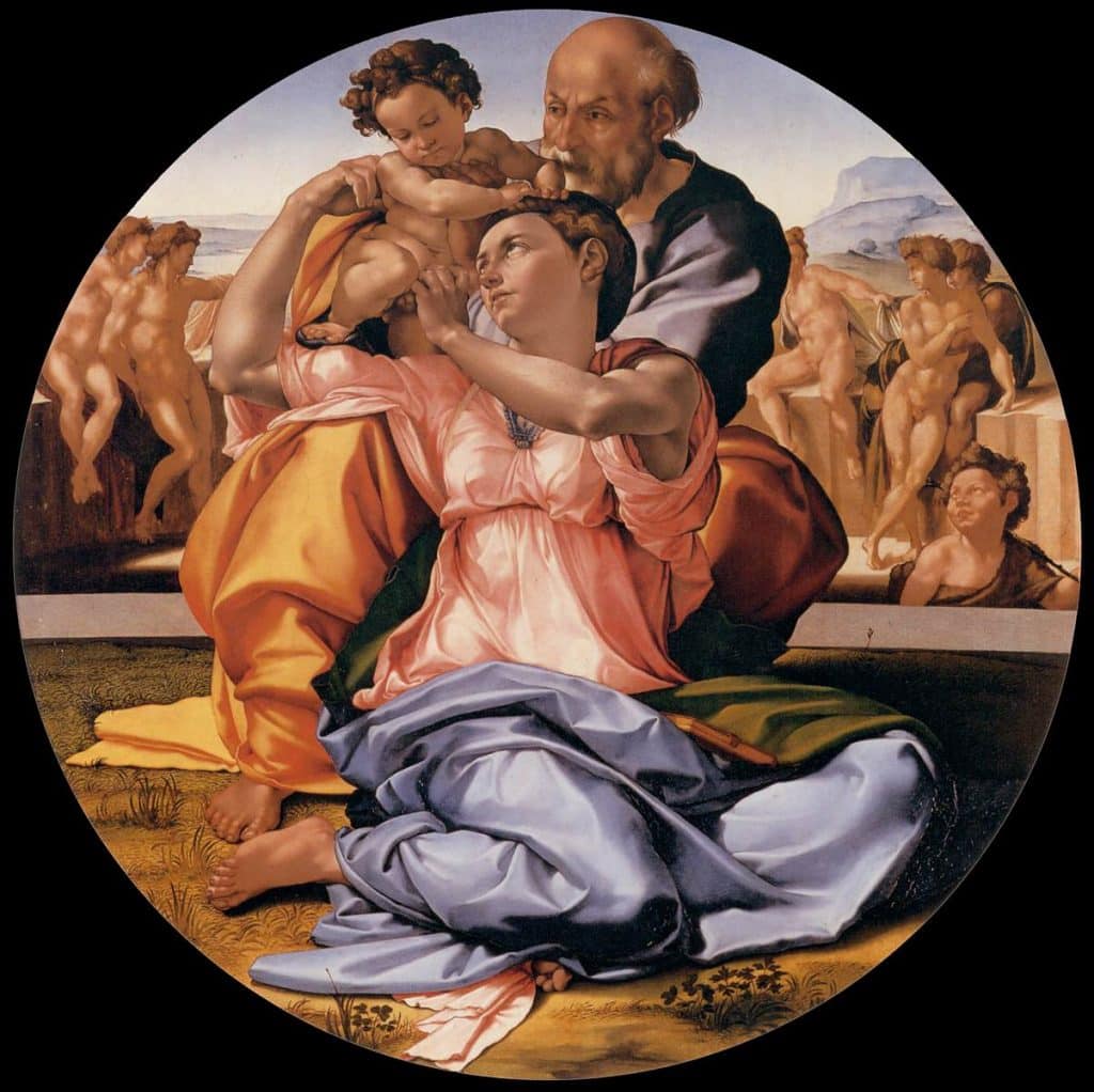 How to Use Art to Experience God? Meditate using a sculpture that you can put your hands on, or a picture like this one of Mary, Joseph and the baby Jesus on a circular panel.