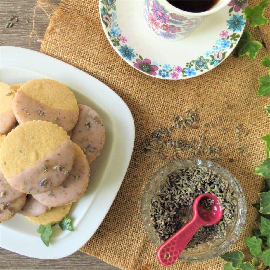 shot looking down on a plate of shortbread biscuits made with ground lavender