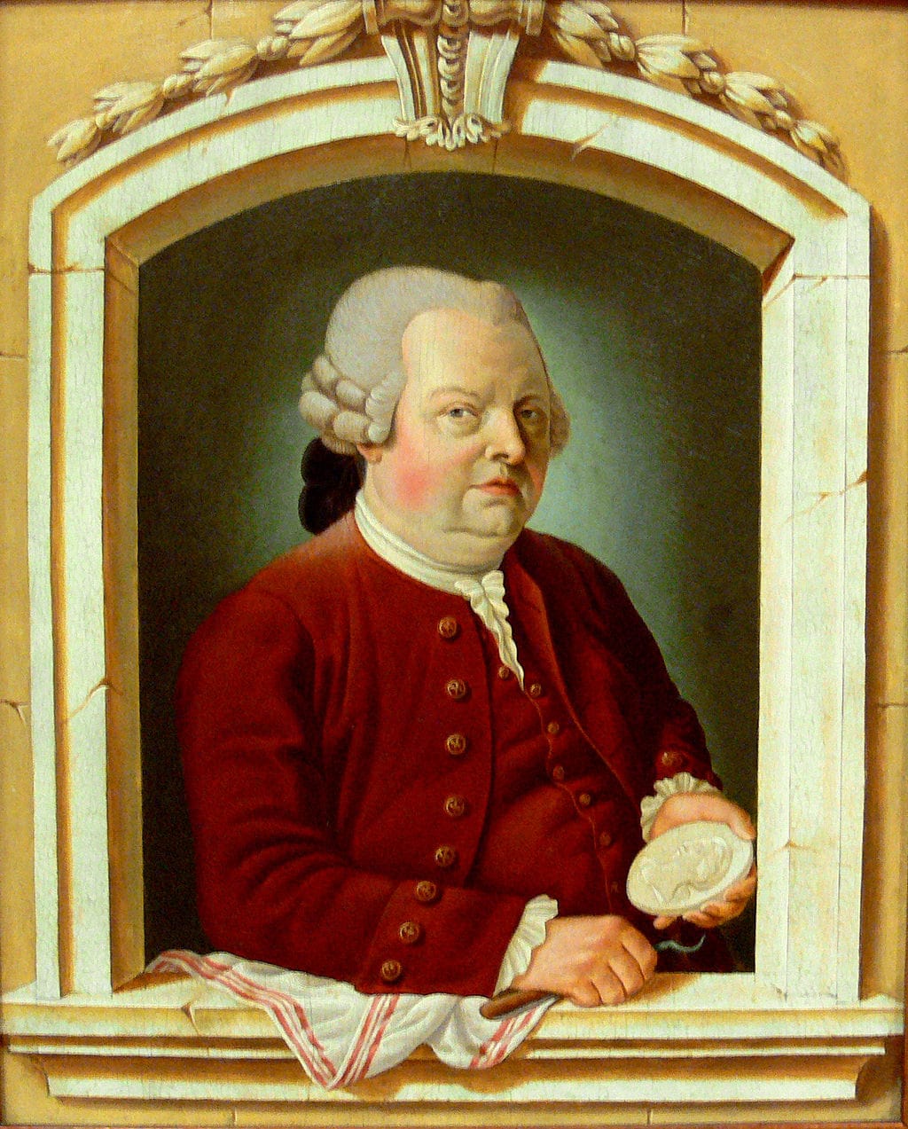Bildnis eines Porzellanbossierers (mit Reliefmedaillon und Bossierstichel), um 1800 Laut Beschriftung: Bildnis des Adam Clair (1763–1829), 1776–1799 tätig an der Frankenthaler Manufaktur Porzellanbossierer
