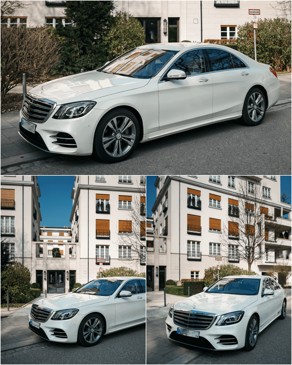 Front- und Seitenansicht der Mercedes-Benz S 400d AMG Line in designo diamantweiß