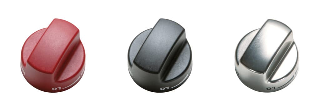 image of the Wolf range knobs in three colors