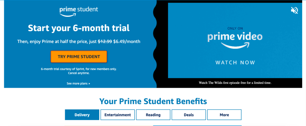 With Amazon Prime Student, you can use your student email to qualify for a 6-month free trial.