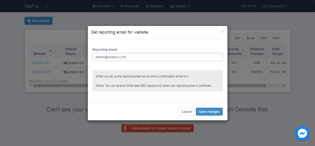 Set reporting email