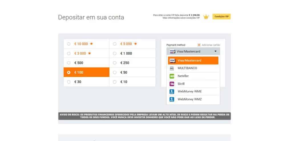 depósitos levantamentos iq option