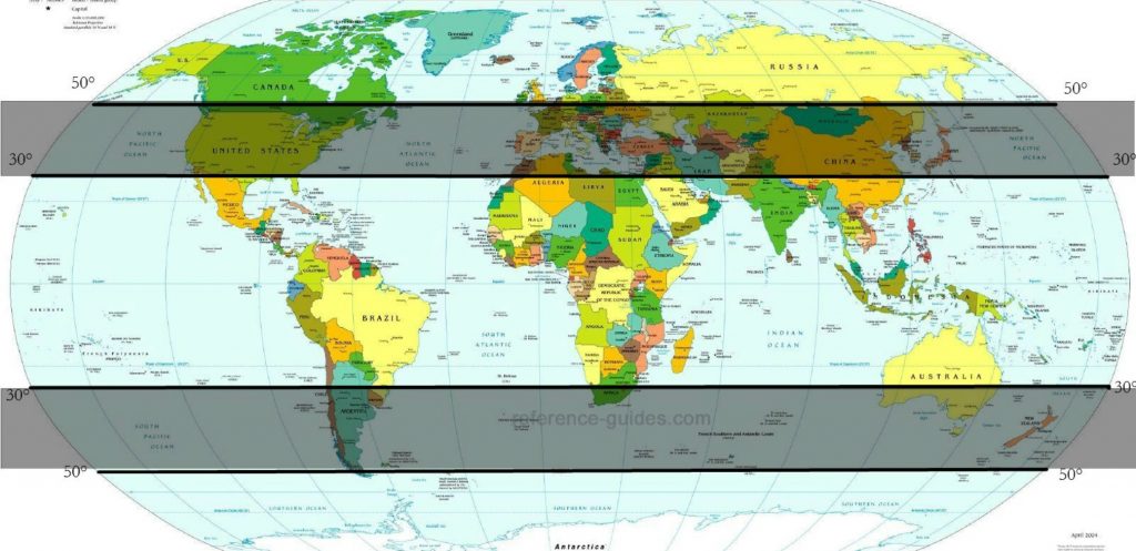 map of the world with two "wine belts" shown as two grayed areas between the 30 and 50 degree latitudes in both north and south hemisphere - Michigan Wine Trails are inside the shaded area in the north
