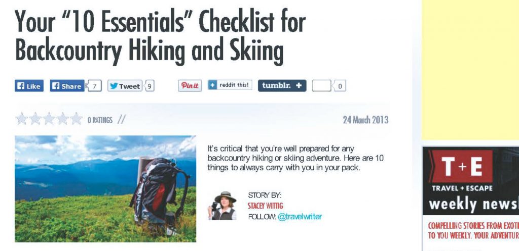 screen shot of T+E website page that reads: 10 Essentials Checklist for Backcountry hiking and skiing and then lists the ten essentials hiking