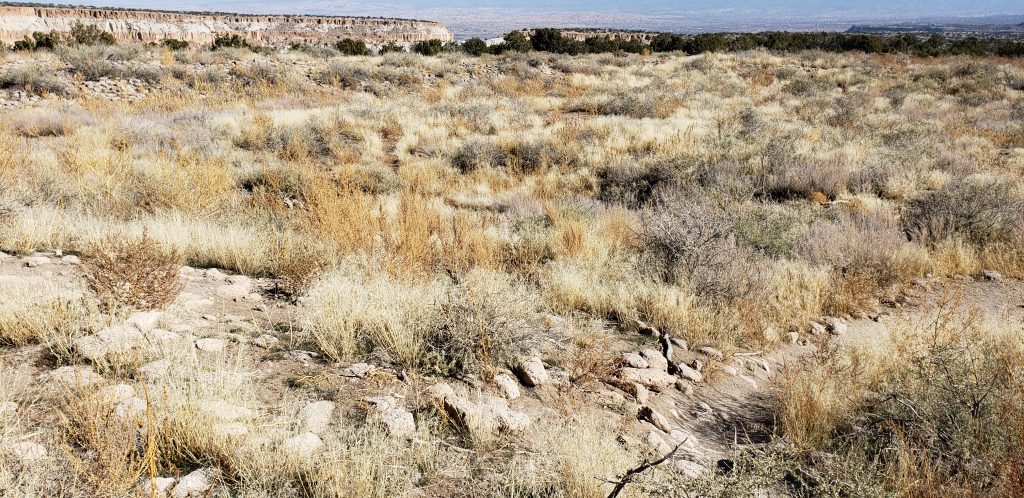 Tsankawi Village looks more like unexcavated archaeological site. A line of worked rock in the foreground shows evidence of former pueblo wall. Views stretch out over 30 miles from the top of this mesa.