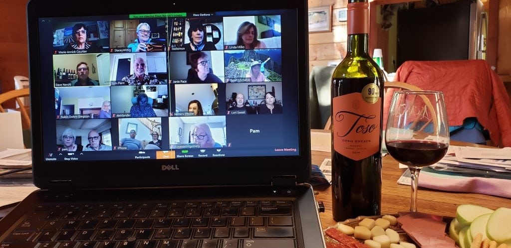 UNSTOPPABLE Stacey's laptop shows Zoom webinar of 16 wine writers discussing World Malbec Day