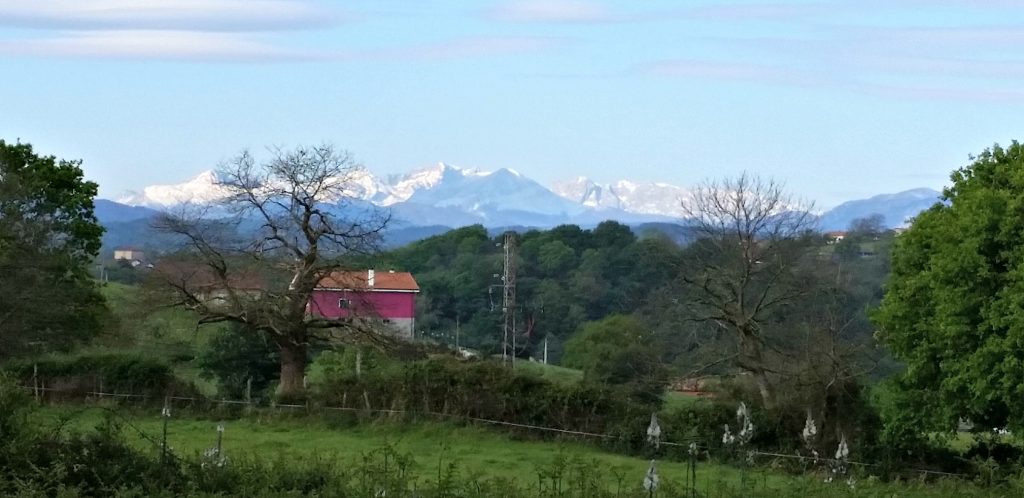 snow-peaked mountains rise up in the distance a pastoral scene with green meadow and red-roofed barn lie in the forground