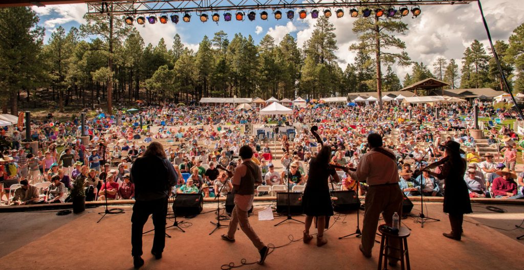 silouette of band on outdoor stage looking out at crowd on lawn with pin trees and blue skies