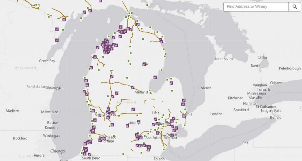 Map of Michigan showing locations of numerous Michigan wineries and vineyards