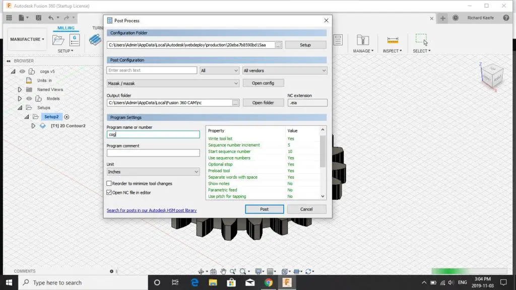 Post process options in fusion 360