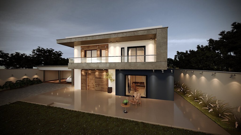Casa Fachada Contemporânea detalhe madeira concreto e parede azul