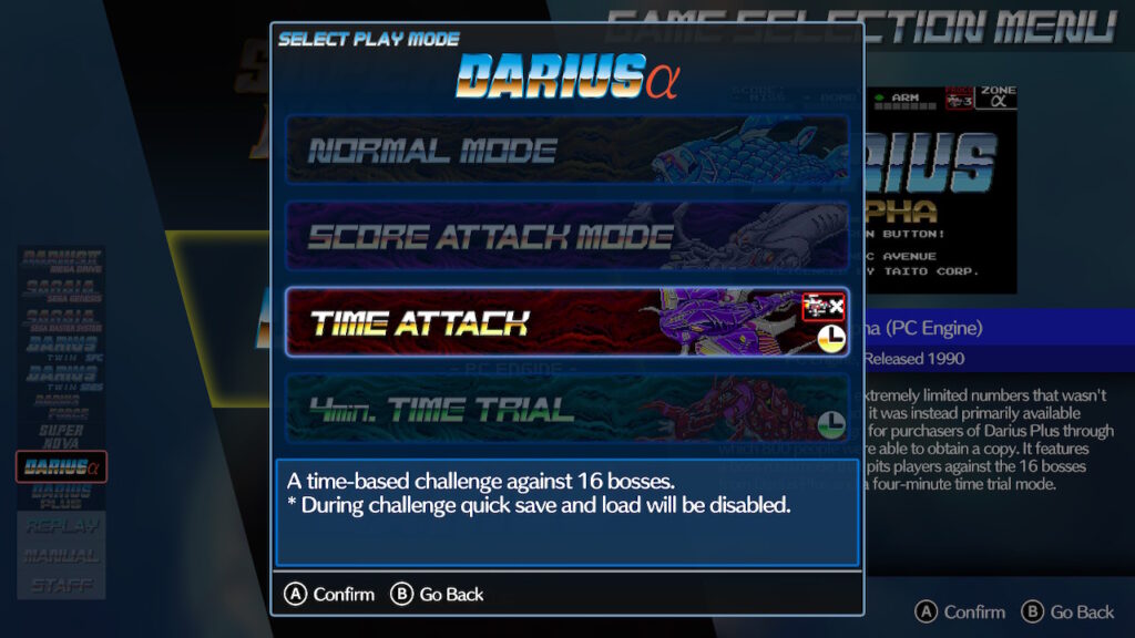 L'écran de sélection des modes de jeux disponibles dans Darius Alpha