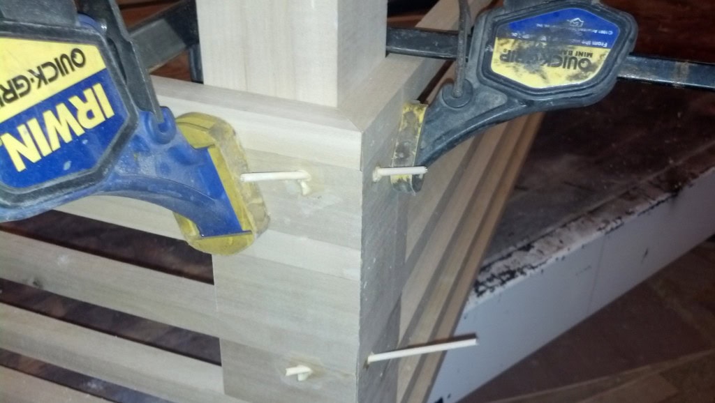 I then doweled them together as well as gluing all along the mitered edge. This will be sitting against a wall as it is so I can't imaging much pressure coming from a 30 pounder, not enough to break anything anyway.