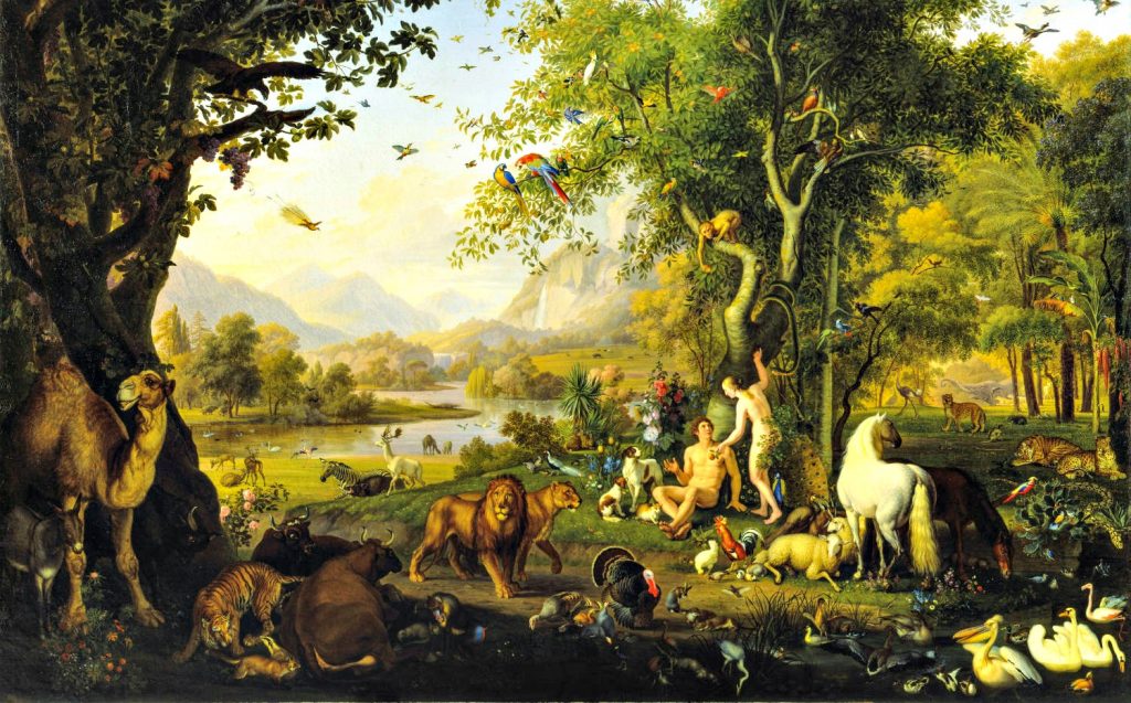 Romantic painting of two people in lush forest filled with every kind of animal. Ducks are in the river, birds in the sky. A waterfall in the distance nourishes the green landscape.