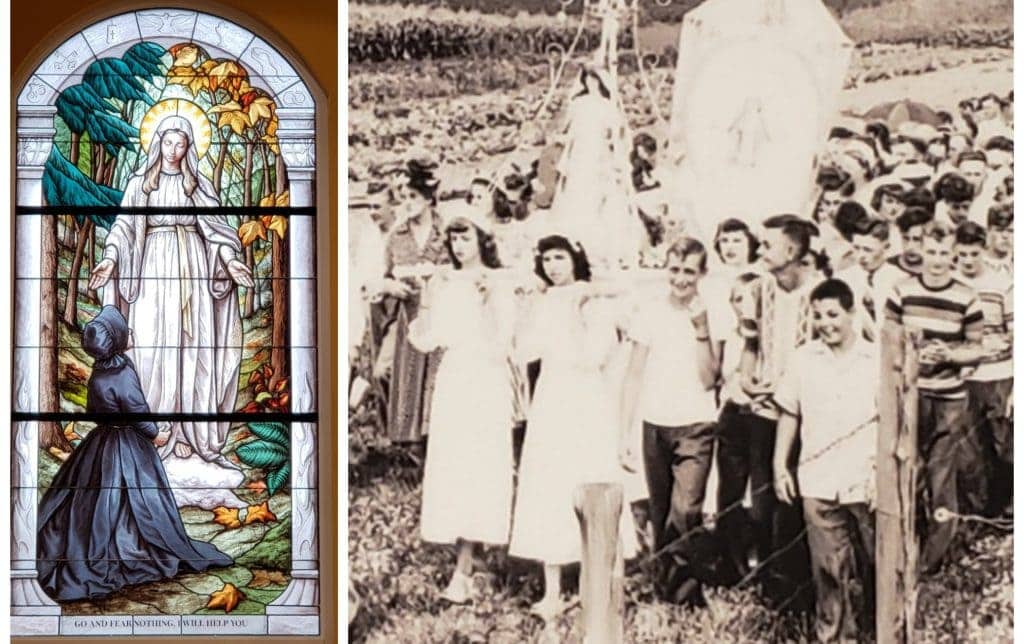two images: one of stained glass and the other a historic photo showing a pilgrimage with young girls carrying the image of the Virgin Mary outdoors