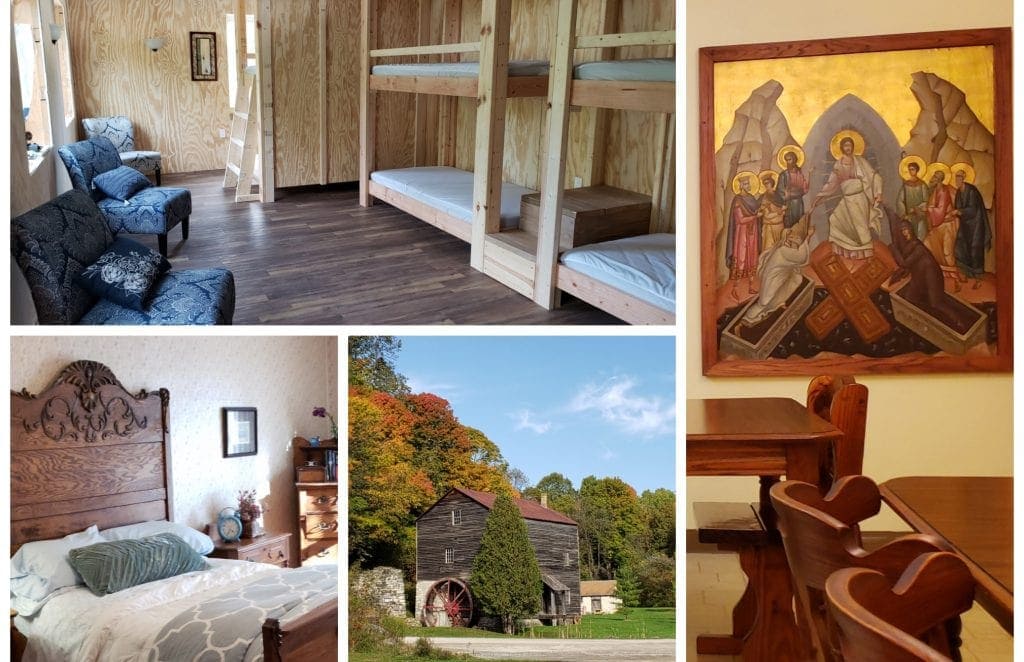 Photo montage showing bunk beds, iconic picture in monastery dining room, historic mill with fall colors and Victorian bedroom - all depicting accommodation on the Wisconsin Way pilgrimage