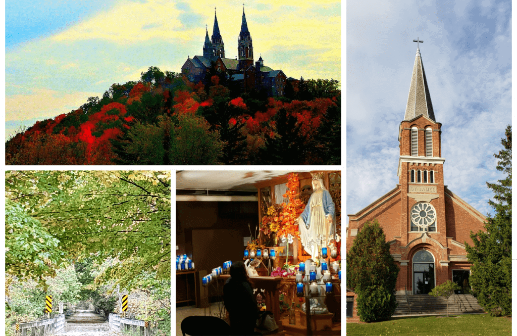 Collage of 4 pictures showing Catholic shrines in Wisconsin: Holy Hill on a high hill with twin spires, St James church with cross on top of spire, the crypt at our Lady of Good Help with blue candles and a forest road bursting in fall colors on the Wisconsin Camino