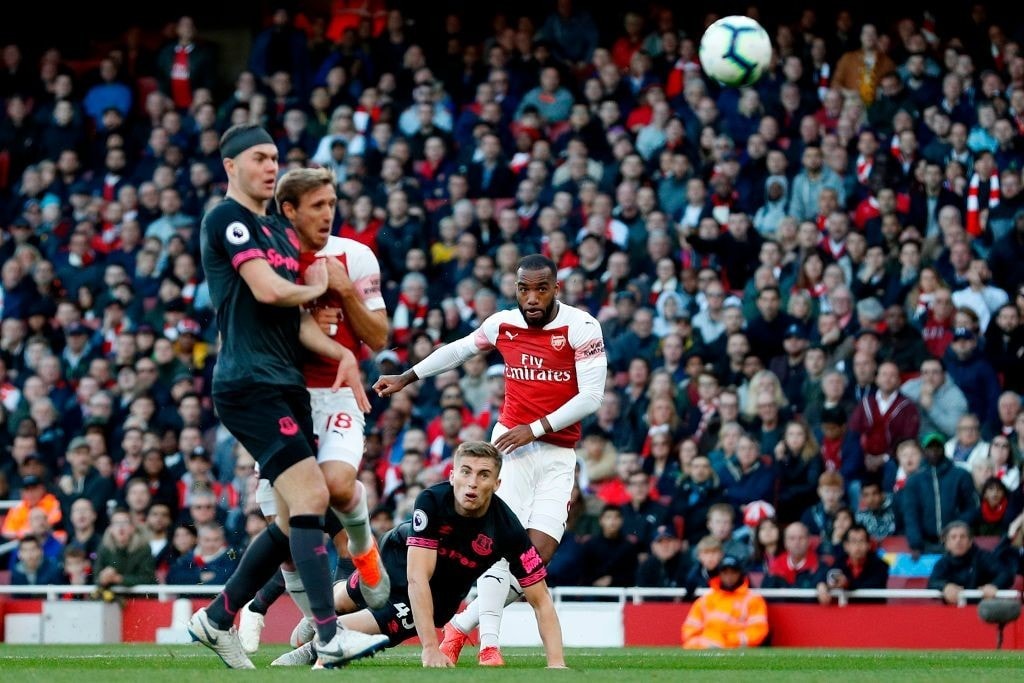 Alexandre Lacazette scres a beauty of a goal against Everton. (photo courtesy: AFP/Getty)
