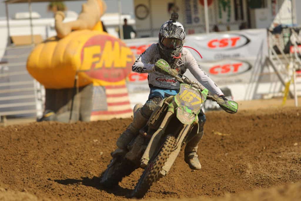 Zach Bell cornering his KX450 at the 2019 Taft WORCS race