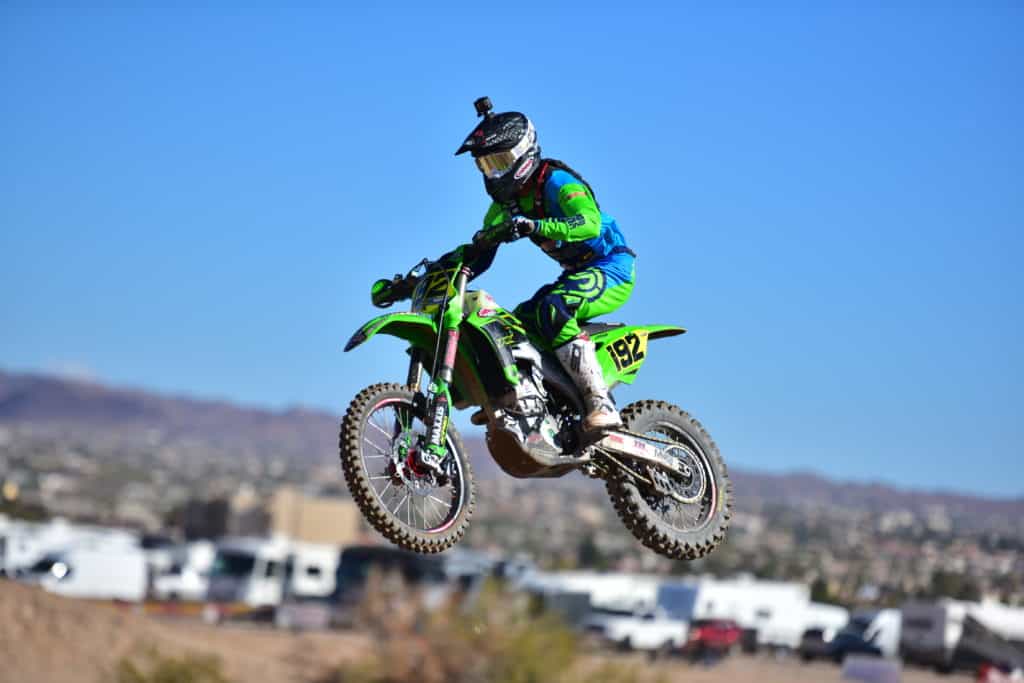 JP Alvarez riding his PC Kawasaki KX250 at the 2019 Havasu NGPC
