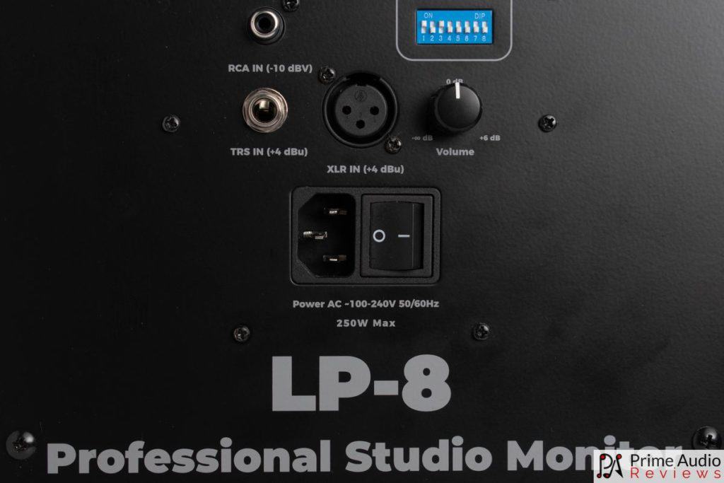 Kali Audio LP-8 inputs, power switch, volume pot and DIP switches