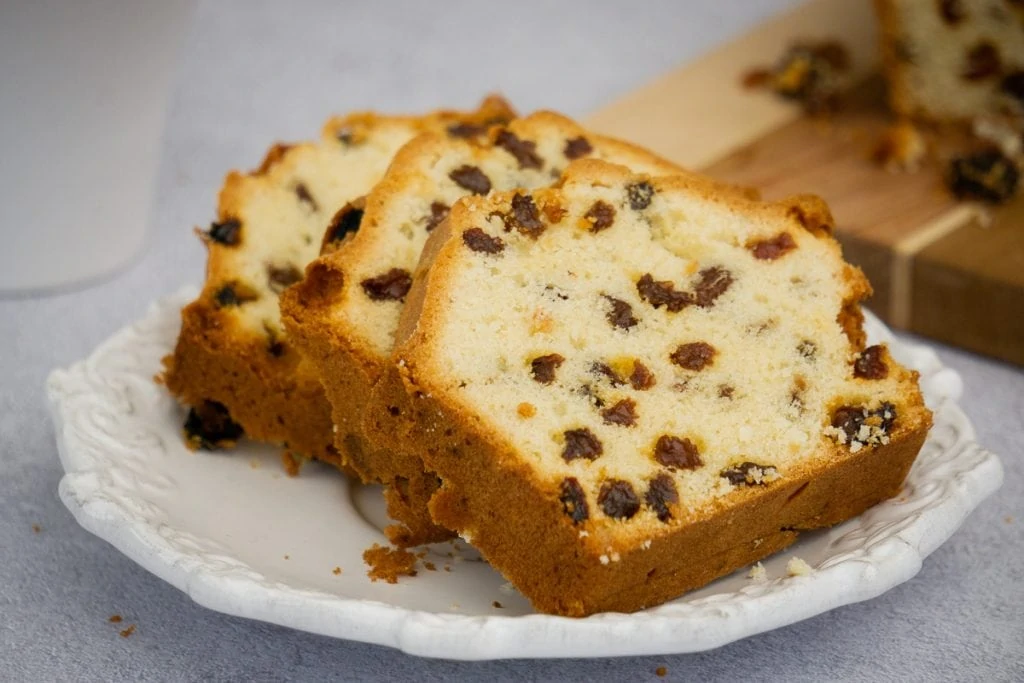 Sultana Cake Recipe sliced on a plate
