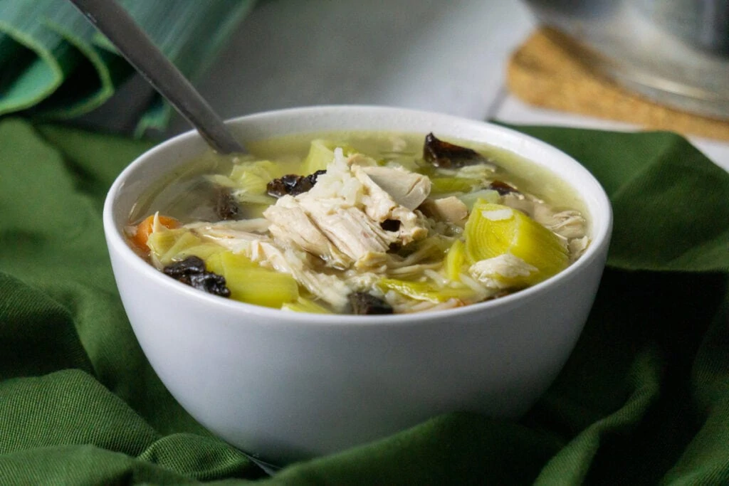 Cock-a-leekie soup recipe in a bowl