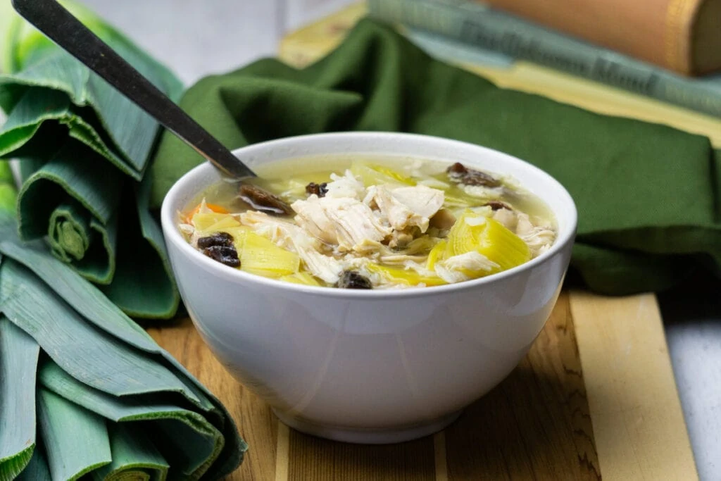 Cock-a-leekie soup recipe in a bowl