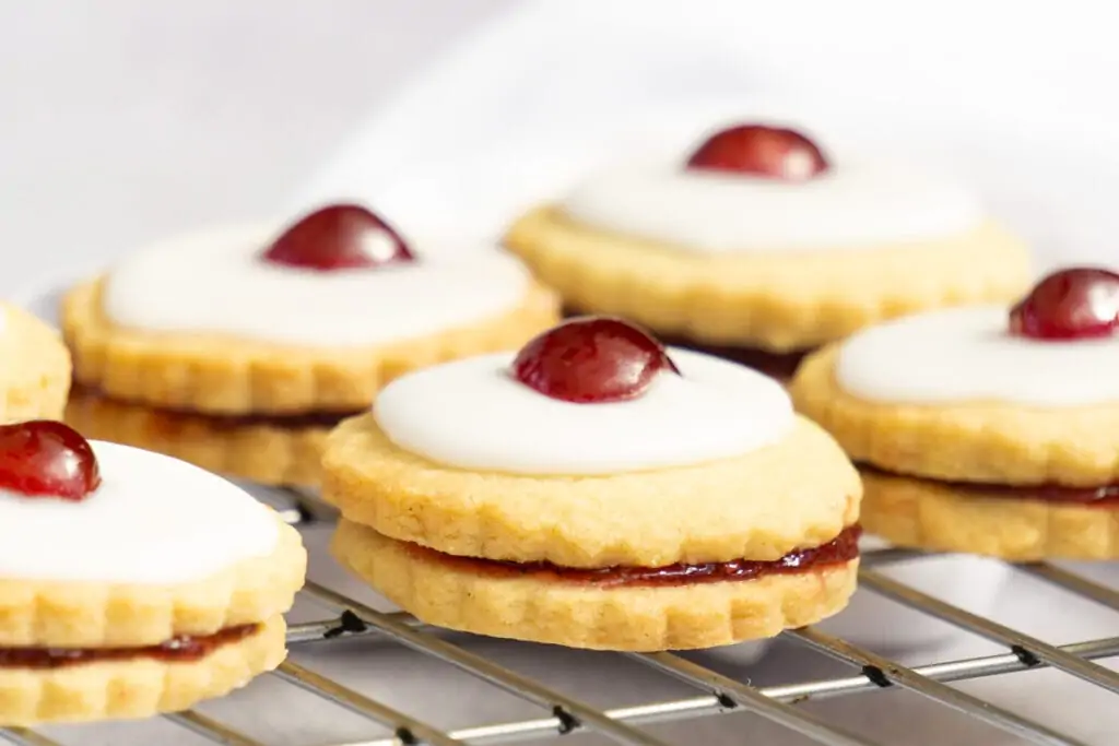 Empire Biscuits on a baking tray decorated