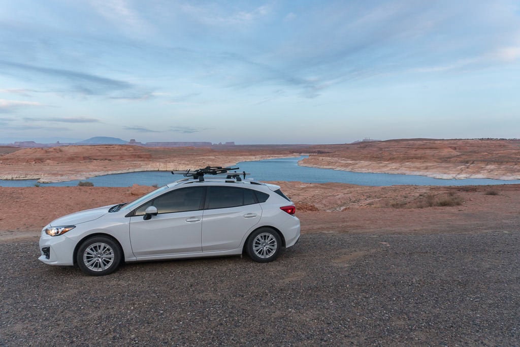 Our Subaru Imprezza ready for adventure next to Lake Powell
