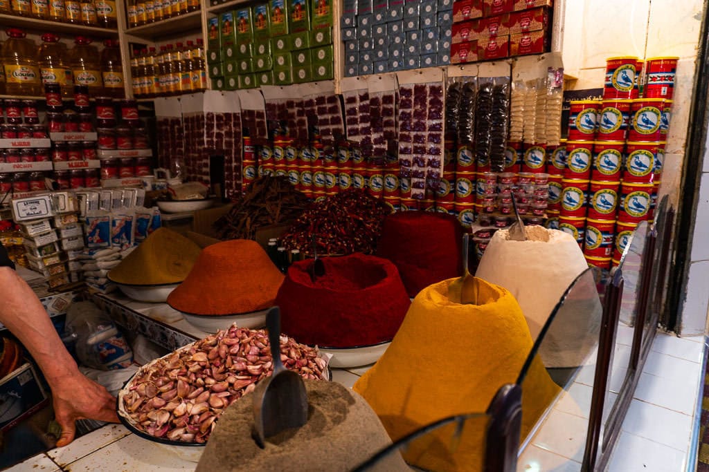 colorful fresh herbs in medina of tangier on day trip to Morocco tour