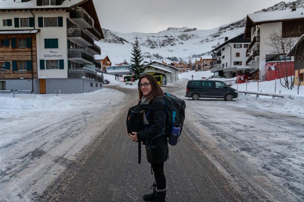 walking with all the bags needed for full-time house sitting during a Winter Stop in Liechtenstein