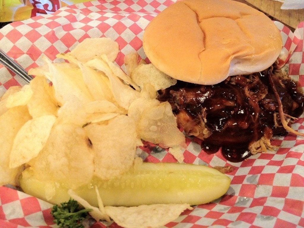 Pulled pork sandwich and chips at Breckenridge Brewery & Bar-B-Que, Denver.