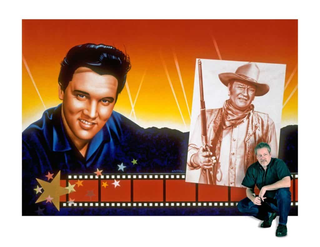 Hollywood Video artist A.D. Cook with Elvis & John Wayne mural