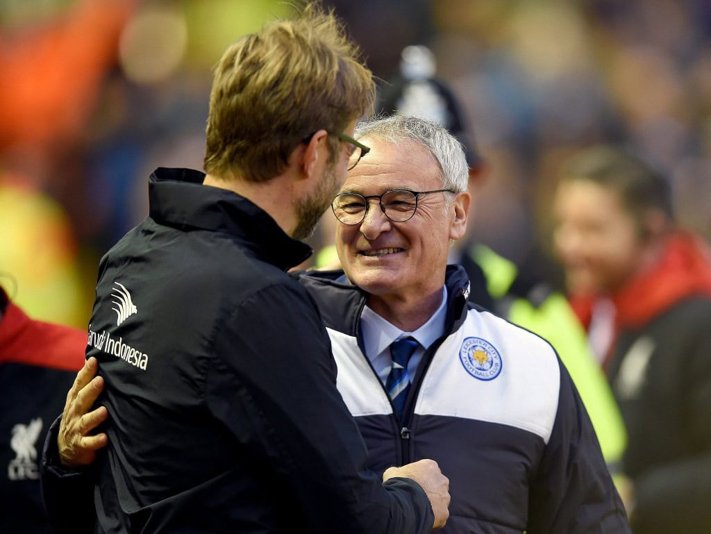 Jurgen Klopp (L) and Claudio Ranieri (R) before the English Premier League soccer match between Liverpool and Leicester City at Anfield, Liverpool, Britain, 26 December 2015. (Photo by Peter Powell/EPA)