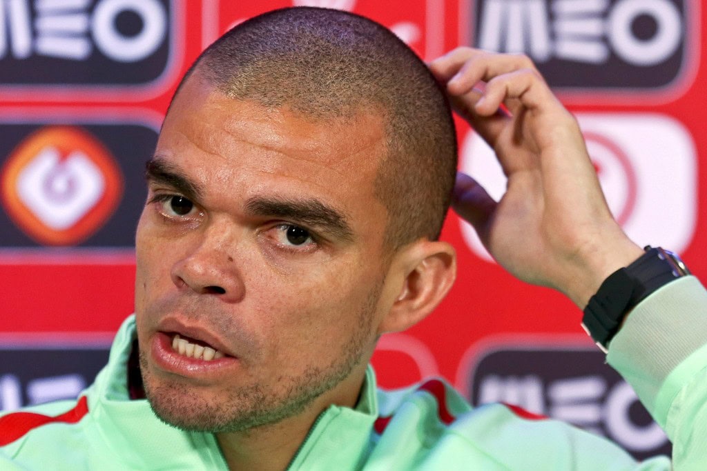 epa05229456 Portuguese national soccer team defender Pepe speaks during a press conference at the Restelo stadium in Lisbon, Portugal, 24 March 2016. Portugal will face Bulgaria in an international friendly soccer match on 25 March 2016. EPA/ANTONIO COTRIM