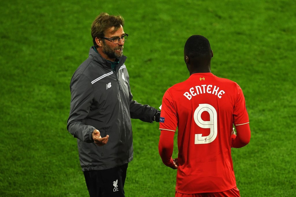 BASEL, SWITZERLAND - MAY 18: Jurgen Klopp, manager of Liverpool instructs Christian Benteke during the UEFA Europa League Final match between Liverpool and Sevilla at St. Jakob-Park on May 18, 2016 in Basel, Switzerland. (Photo by Dennis Grombkowski/Getty Images)