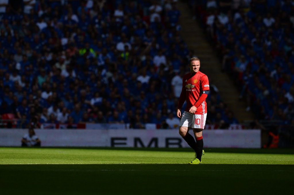 Manchester United's English striker Wayne Rooney plays during the FA Community Shield football match between Manchester United and Leicester City at Wembley Stadium in London on August 7, 2016. / AFP / GLYN KIRK / NOT FOR MARKETING OR ADVERTISING USE / RESTRICTED TO EDITORIAL USE (Photo credit should read GLYN KIRK/AFP/Getty Images)