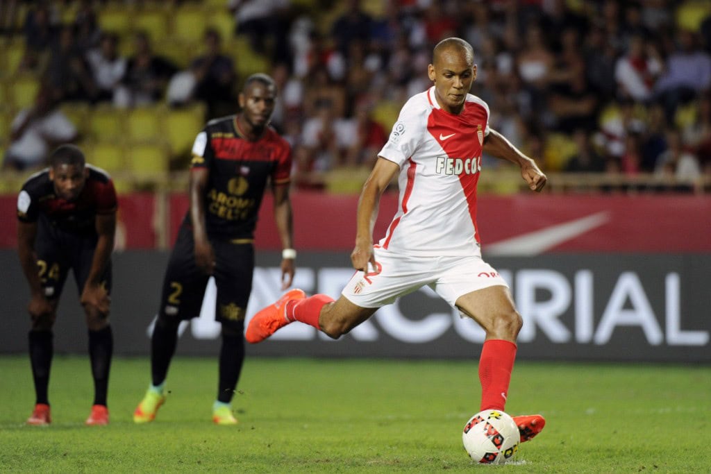 Monacos Brazilian midfielder Fabinho scores a penalty goal during the French L1 football match between Monaco and Guingamp on August 12, 2016, at the Louis II stadium in Monaco. / AFP / Franck PENNANT (Photo credit should read FRANCK PENNANT/AFP/Getty Images)