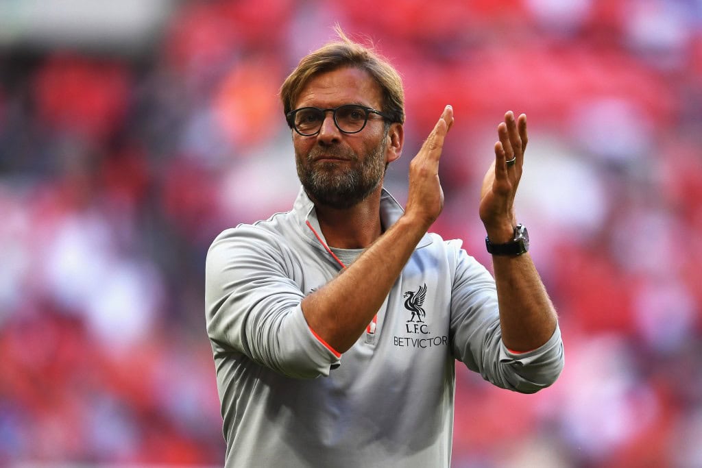 LONDON, ENGLAND - AUGUST 06: Jurgen Klopp, Manager of Liverpool celebrates victory after the International Champions Cup match between Liverpool and Barcelona at Wembley Stadium on August 6, 2016 in London, England. (Photo by Mike Hewitt/Getty Images)