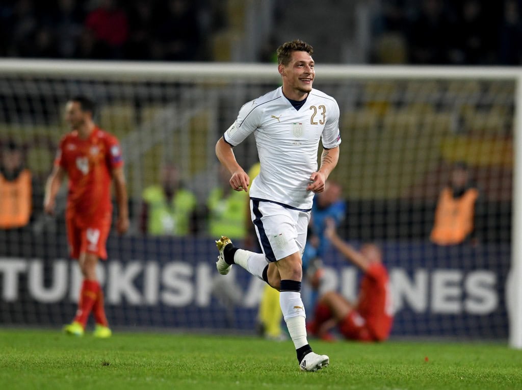 SKOPJE, MACEDONIA - OCTOBER 09: Andrea Belotti of Italy celebrates after scoring the opening goal during the FIFA 2018 World Cup Qualifier between FYR Macedonia and Italy at Nacionalna Arena Filip II Makedonski on October 9, 2016 in Skopje, Macedonia. (Photo by Claudio Villa/Getty Images)