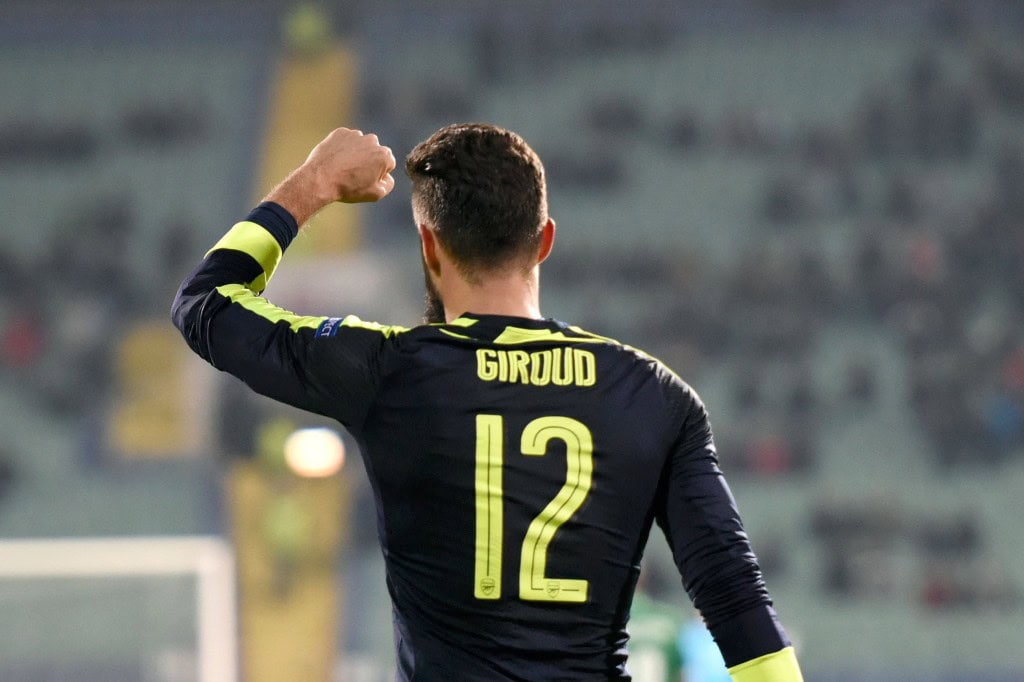 Arsenal's French forward Olivier Giroud celebrates after scoring a goal during the UEFA Champions League Group A football match between PFC Ludogorets and Arsenal, on November 1, 2016 at the Vassil Levski stadium in Sofia. / AFP / DIMITAR DILKOFF (Photo credit should read DIMITAR DILKOFF/AFP/Getty Images)