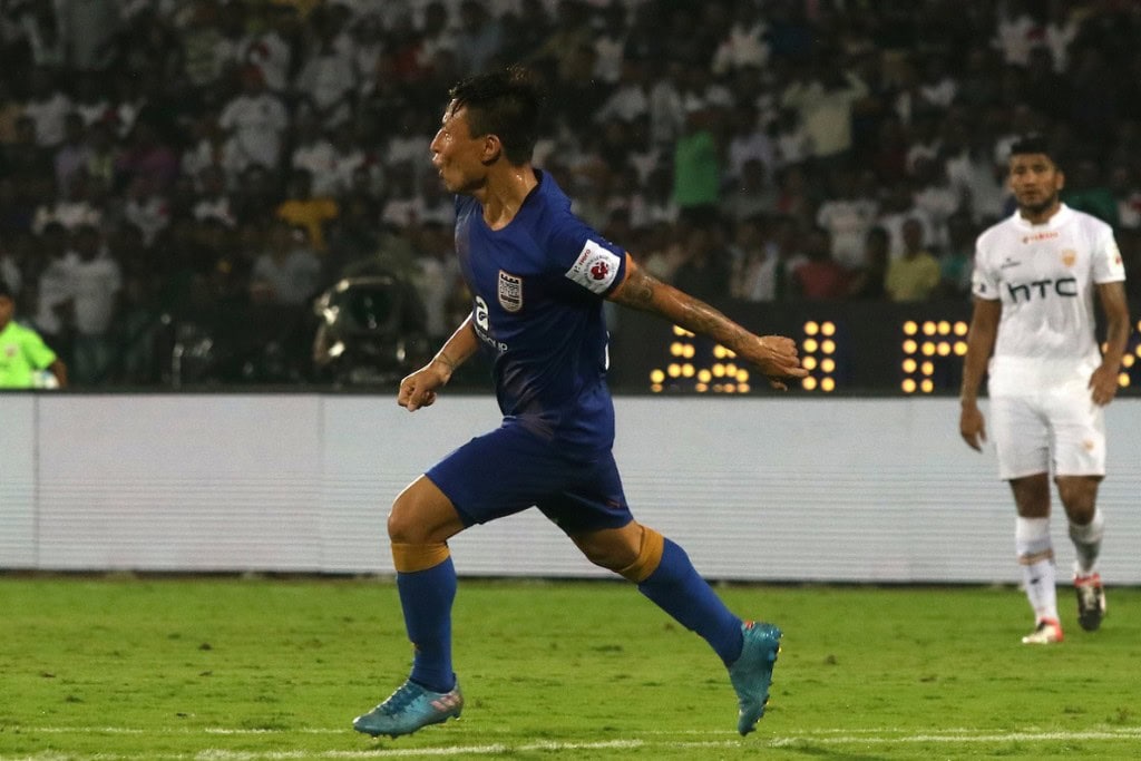 Jackichand Singh of Mumbai City FC celebrates after scoring the opening goal during match 31 of the Indian Super League (ISL) season 3 between NorthEast United FC and Mumbai City FC held at the Indira Gandhi Athletic Stadium in Guwahati, India on the 5th November 2016. Photo by Shaun Roy / ISL / SPORTZPICS