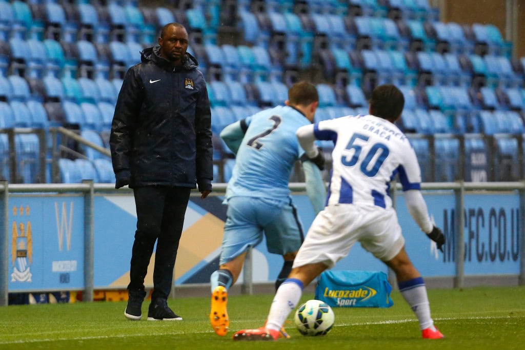 MANCHESTER, ENGLAND - MAY 8: Manager Patrick Vieira of Manchester City watches on during the Premier League International Cup Final match between Manchester City and FC Porto at the Manchester City Academy Stadium on May 8, 2015 in Mancheter, England. (Photo by Paul Thomas/Getty Images)
