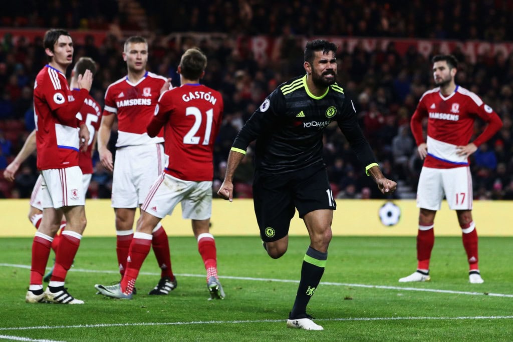 MIDDLESBROUGH, ENGLAND - NOVEMBER 20: Diego Costa of Chelsea celebrates scoring the opening goal during the Premier League match between Middlesbrough and Chelsea at Riverside Stadium on November 20, 2016 in Middlesbrough, England. (Photo by Jan Kruger/Getty Images)