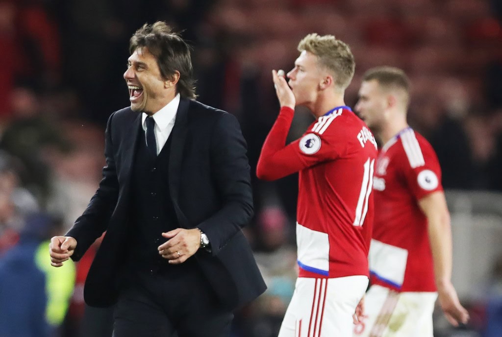 MIDDLESBROUGH, ENGLAND - NOVEMBER 20: Chelsea manager Antonio Conte celebrates during the Premier League match between Middlesbrough and Chelsea at Riverside Stadium on November 20, 2016 in Middlesbrough, England. (Photo by Ian MacNicol/Getty Images)